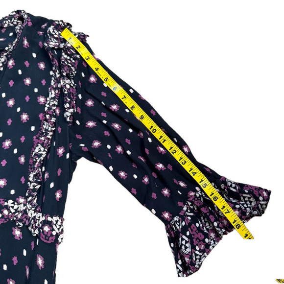Free people Med Calico Skies Floral Ruffle Button 3/4 Sleeve Dress Black Purple - Picture 9 of 14